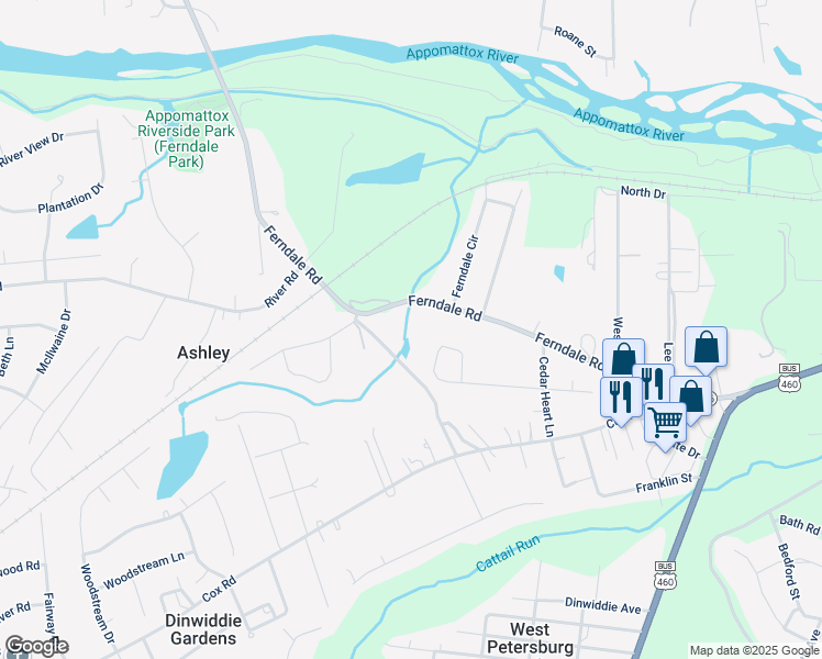 map of restaurants, bars, coffee shops, grocery stores, and more near 25315 Ferndale Road in Petersburg