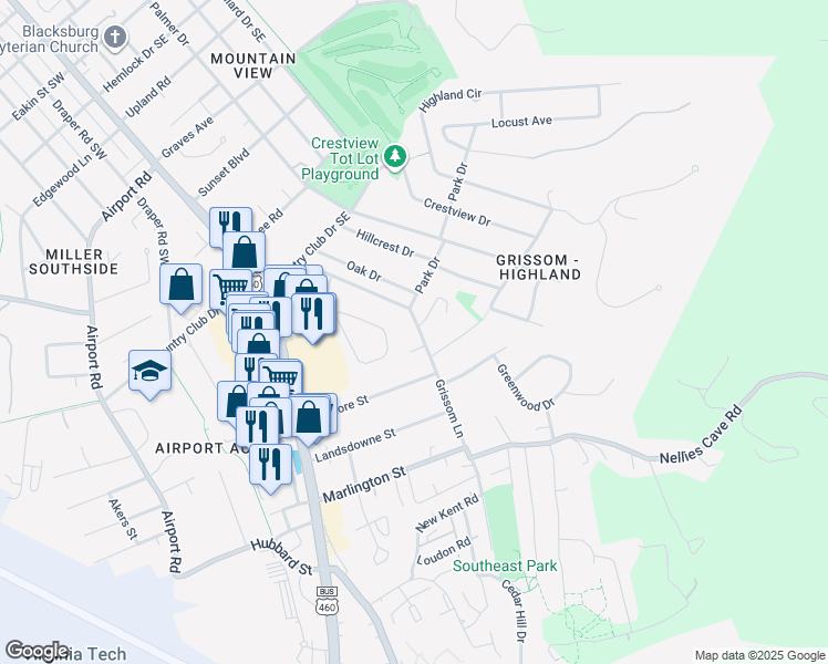map of restaurants, bars, coffee shops, grocery stores, and more near 1408 Grissom Lane in Blacksburg