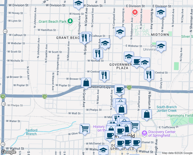 map of restaurants, bars, coffee shops, grocery stores, and more near 639 West Chestnut Expressway in Springfield