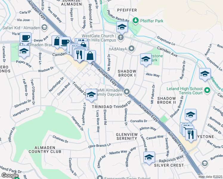 map of restaurants, bars, coffee shops, grocery stores, and more near 6681 Tannahill Drive in San Jose