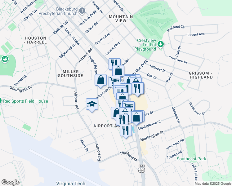map of restaurants, bars, coffee shops, grocery stores, and more near 1322 South Main Street in Blacksburg