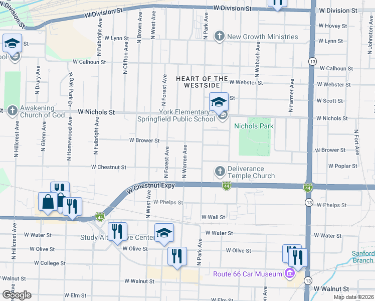 map of restaurants, bars, coffee shops, grocery stores, and more near 732 North Warren Avenue in Springfield