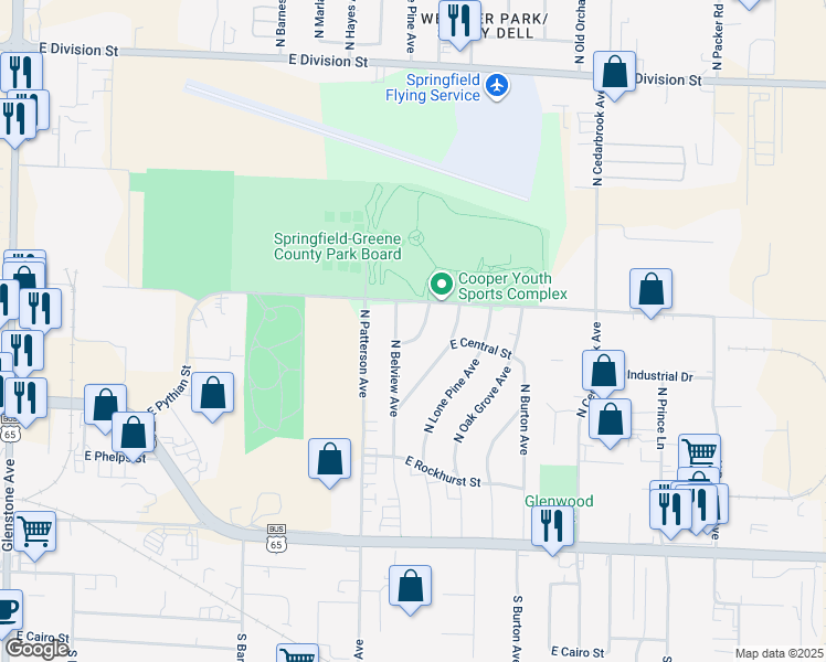 map of restaurants, bars, coffee shops, grocery stores, and more near 907 North Norwood Drive in Springfield