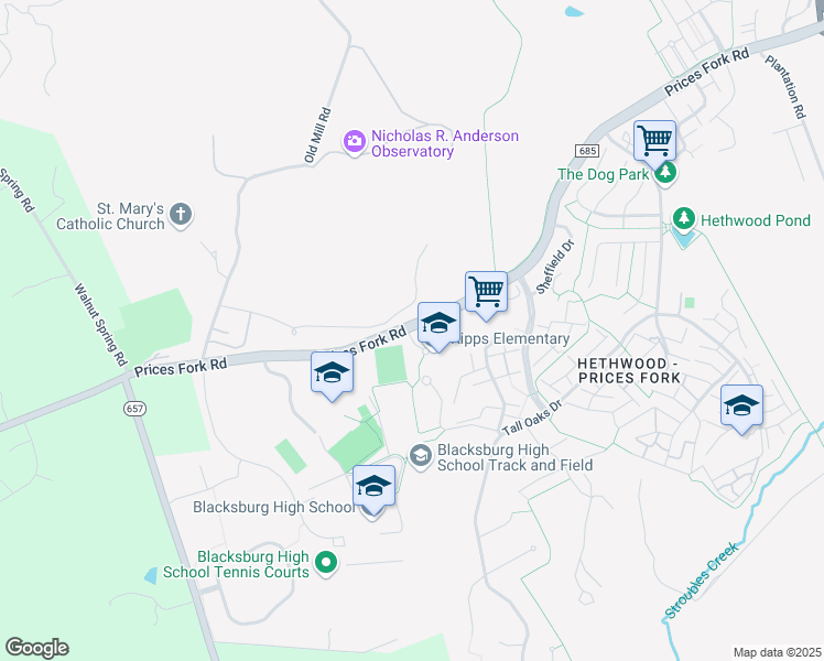 map of restaurants, bars, coffee shops, grocery stores, and more near 2801 Prices Fork Road in Blacksburg