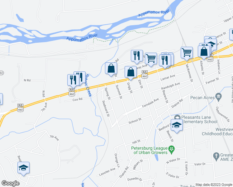 map of restaurants, bars, coffee shops, grocery stores, and more near 36 Summit Street in Petersburg
