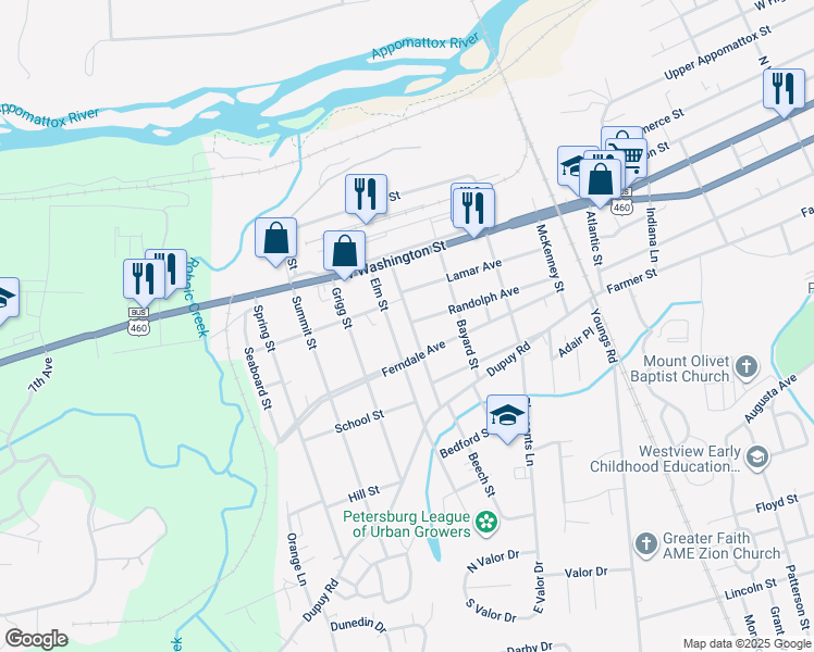 map of restaurants, bars, coffee shops, grocery stores, and more near 120 Leavenworth Street in Petersburg