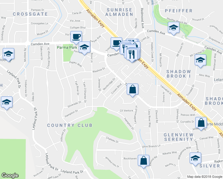 map of restaurants, bars, coffee shops, grocery stores, and more near 6573 Crown Boulevard in San Jose