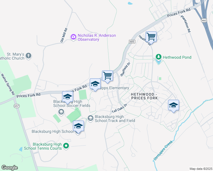 map of restaurants, bars, coffee shops, grocery stores, and more near 801 Hethwood Boulevard in Blacksburg