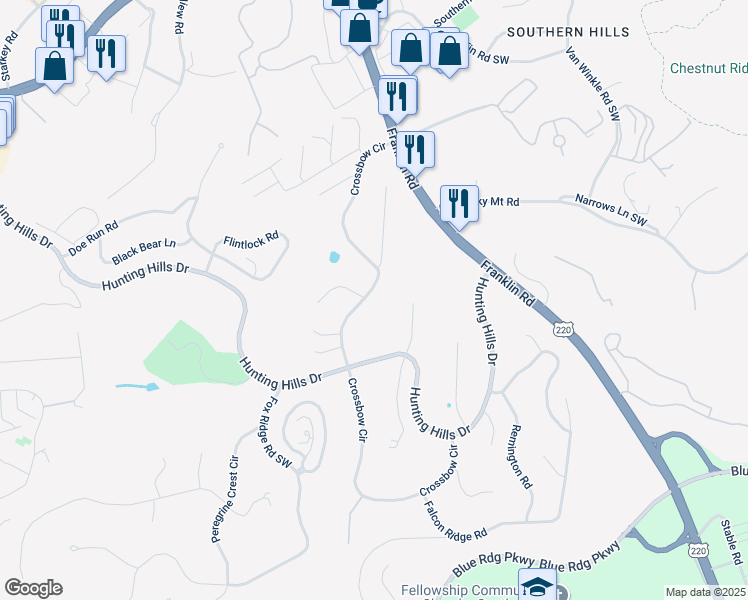 map of restaurants, bars, coffee shops, grocery stores, and more near 5141 Cross Bow Circle in Cave Spring
