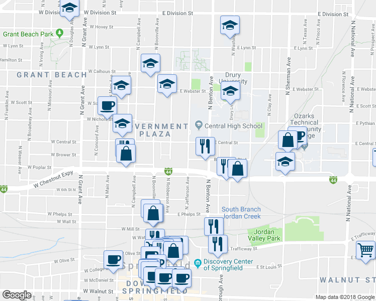 map of restaurants, bars, coffee shops, grocery stores, and more near 851 North Jefferson Avenue in Springfield