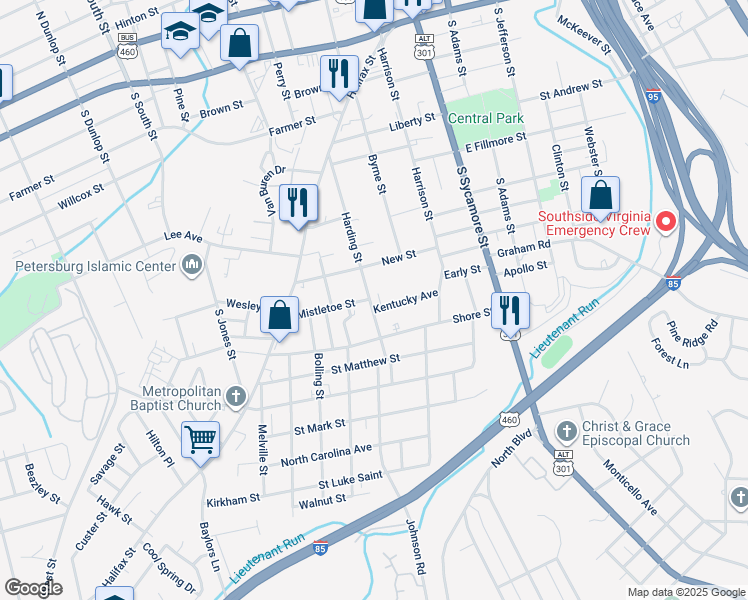 map of restaurants, bars, coffee shops, grocery stores, and more near 711 Harding Street in Petersburg