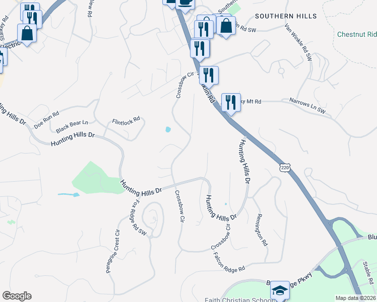 map of restaurants, bars, coffee shops, grocery stores, and more near 5135 Cross Bow Circle in Cave Spring