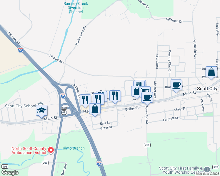 map of restaurants, bars, coffee shops, grocery stores, and more near 2308 North Street in Scott City