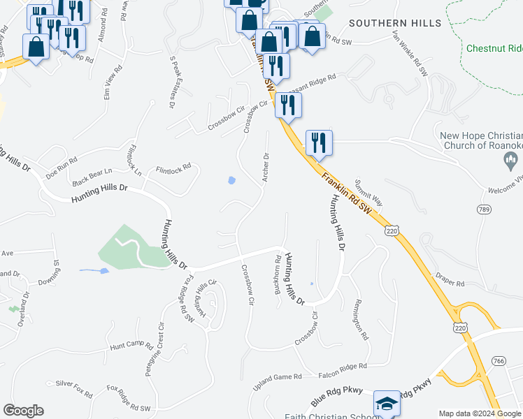 map of restaurants, bars, coffee shops, grocery stores, and more near 5141 Cross Bow Circle in Cave Spring