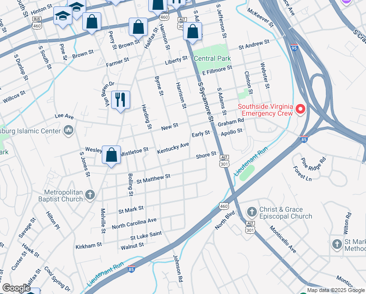 map of restaurants, bars, coffee shops, grocery stores, and more near 122 Kentucky Avenue in Petersburg