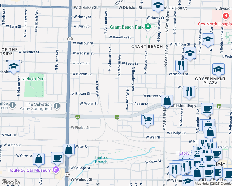 map of restaurants, bars, coffee shops, grocery stores, and more near 755 North Franklin Avenue in Springfield