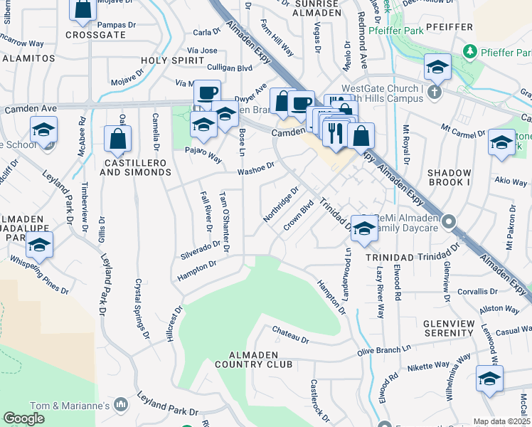 map of restaurants, bars, coffee shops, grocery stores, and more near 6594 Jeremie Drive in San Jose