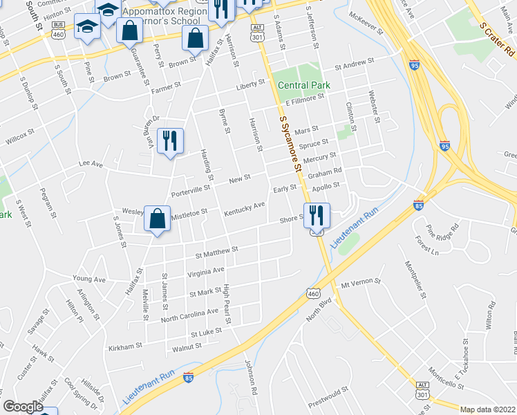 map of restaurants, bars, coffee shops, grocery stores, and more near 122 Kentucky Avenue in Petersburg