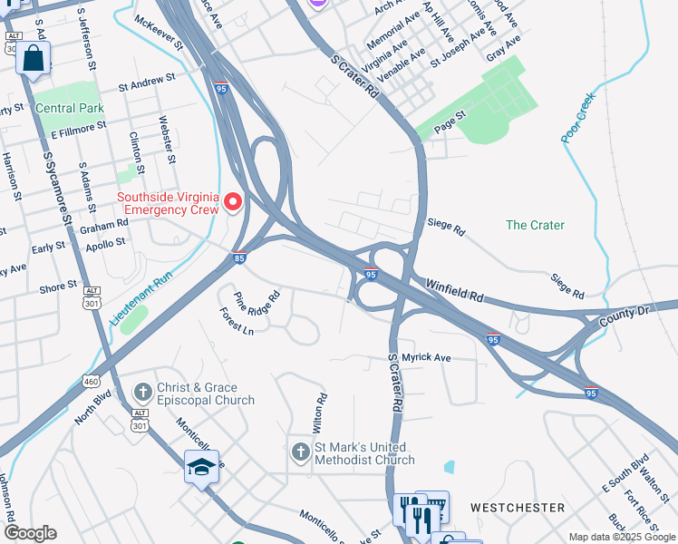 map of restaurants, bars, coffee shops, grocery stores, and more near 534 Montibello Street in Petersburg