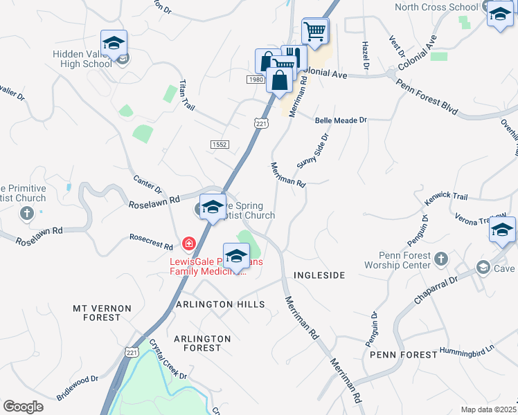 map of restaurants, bars, coffee shops, grocery stores, and more near 5048 Ranchcrest Drive in Roanoke