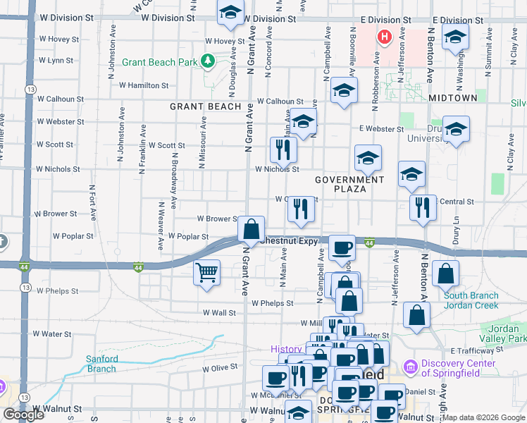 map of restaurants, bars, coffee shops, grocery stores, and more near 639 West Chestnut Expressway in Springfield