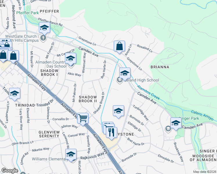 map of restaurants, bars, coffee shops, grocery stores, and more near 6726 Bitterroot Place in San Jose
