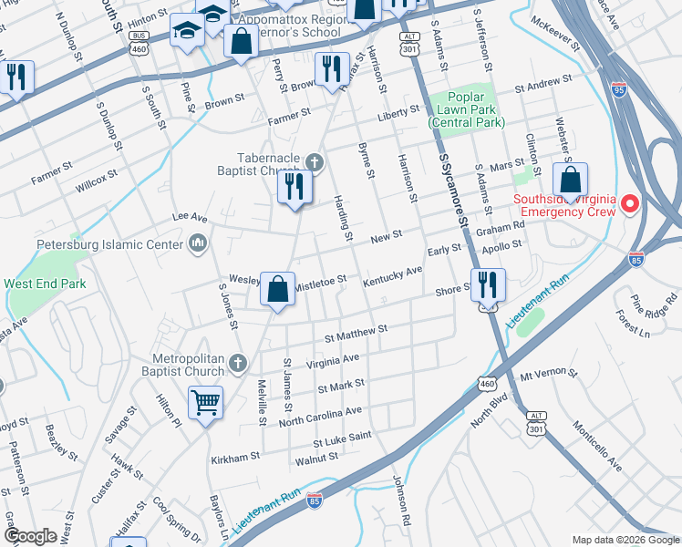 map of restaurants, bars, coffee shops, grocery stores, and more near 330 Mistletoe Street in Petersburg