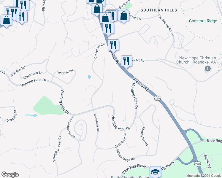 map of restaurants, bars, coffee shops, grocery stores, and more near 4819 Buckhorn Drive in Cave Spring