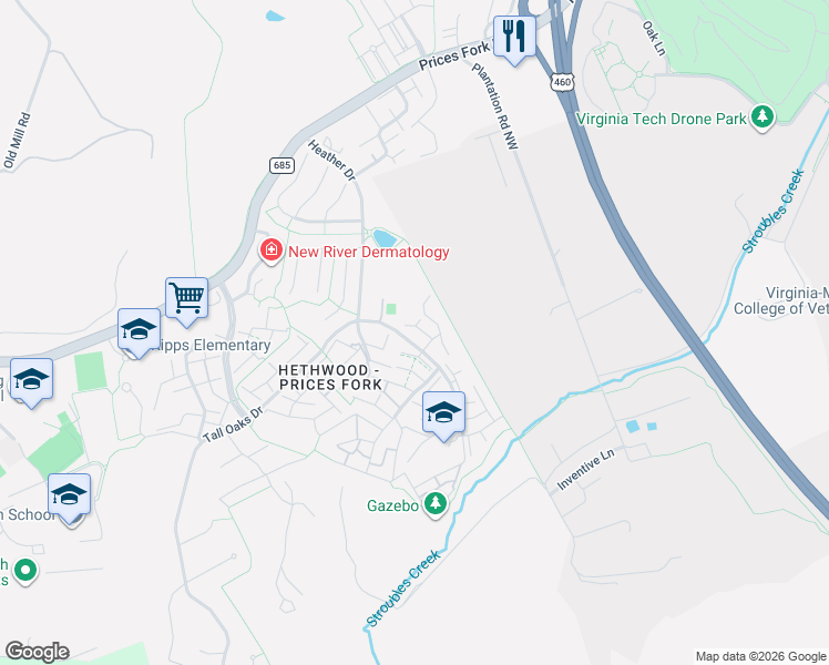 map of restaurants, bars, coffee shops, grocery stores, and more near 6100 Heather Drive in Blacksburg
