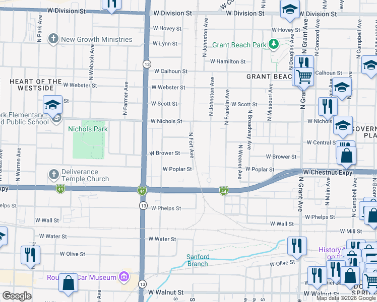 map of restaurants, bars, coffee shops, grocery stores, and more near 1300-1330 North Fort Avenue in Springfield