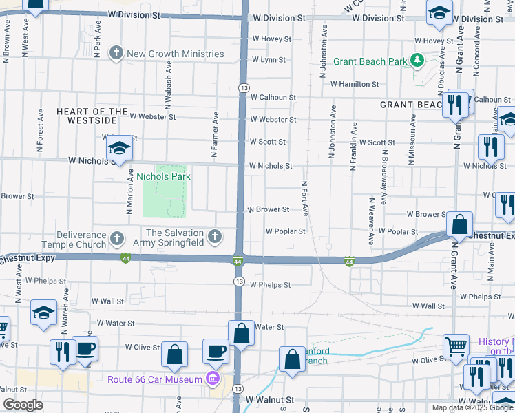 map of restaurants, bars, coffee shops, grocery stores, and more near 747 North Nettleton Avenue in Springfield