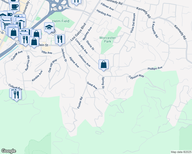 map of restaurants, bars, coffee shops, grocery stores, and more near 2 Los Gatos Boulevard in Los Gatos