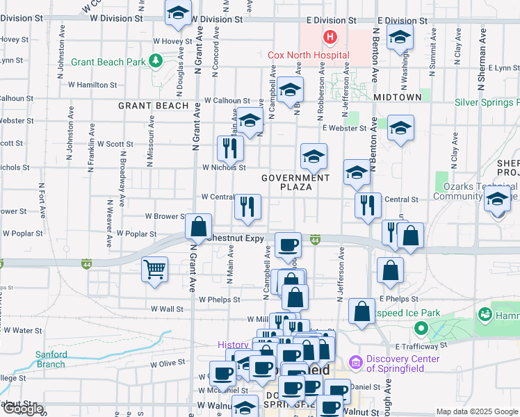map of restaurants, bars, coffee shops, grocery stores, and more near 835 North Campbell Avenue in Springfield