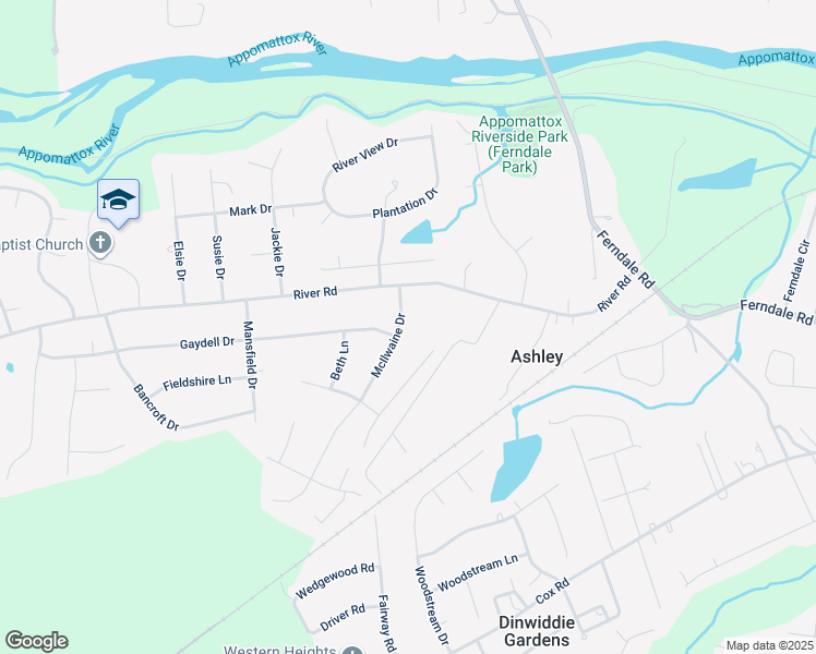 map of restaurants, bars, coffee shops, grocery stores, and more near 4017 McIlwaine Drive in Petersburg