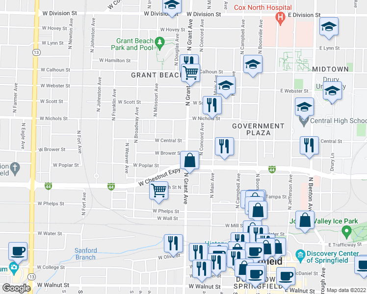 map of restaurants, bars, coffee shops, grocery stores, and more near 815 North Grant Avenue in Springfield