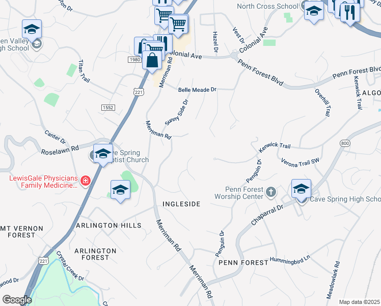 map of restaurants, bars, coffee shops, grocery stores, and more near 5263 Golden Eagle Lane in Cave Spring