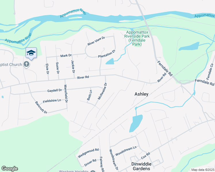 map of restaurants, bars, coffee shops, grocery stores, and more near 4017 McIlwaine Drive in Petersburg