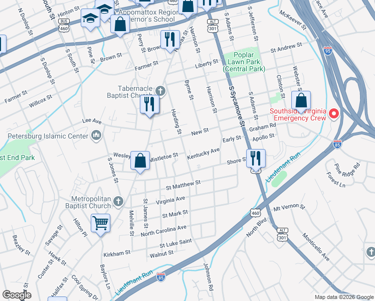 map of restaurants, bars, coffee shops, grocery stores, and more near 631 Harding Street in Petersburg