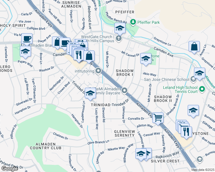 map of restaurants, bars, coffee shops, grocery stores, and more near 6681 Tannahill Drive in San Jose