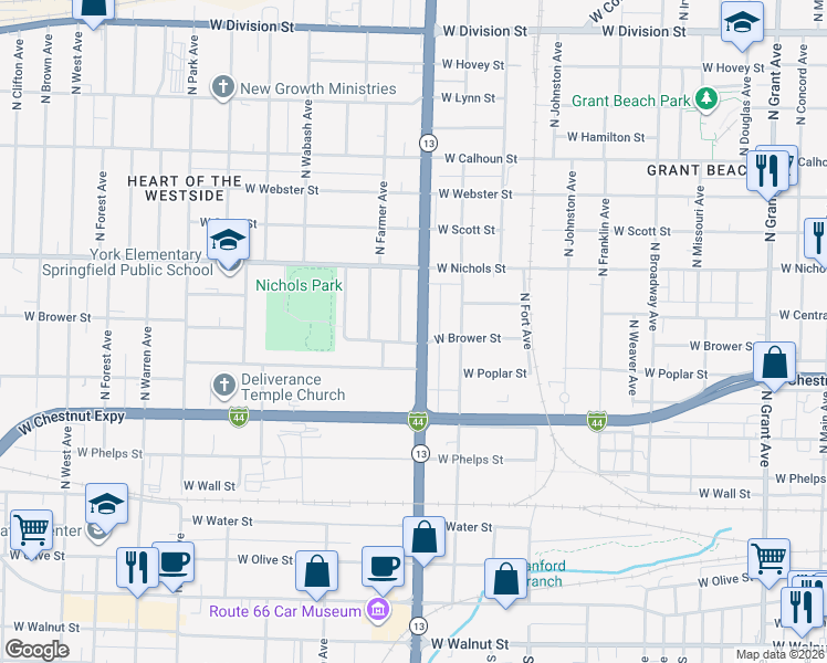 map of restaurants, bars, coffee shops, grocery stores, and more near 745 Missouri 13 in Springfield