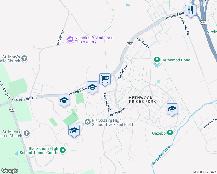 map of restaurants, bars, coffee shops, grocery stores, and more near 801 Hethwood Boulevard in Blacksburg