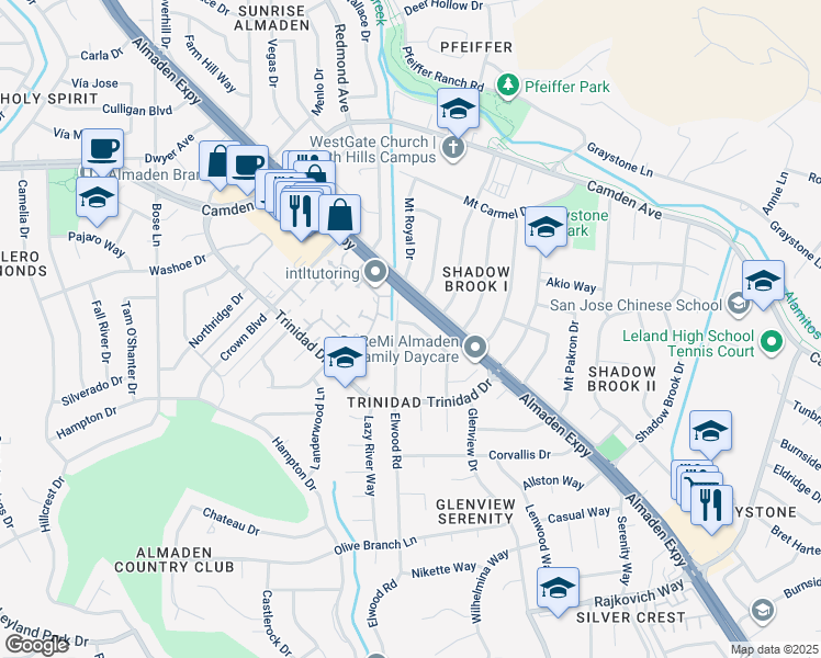 map of restaurants, bars, coffee shops, grocery stores, and more near 6681 Tannahill Drive in San Jose