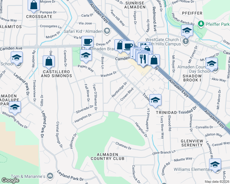 map of restaurants, bars, coffee shops, grocery stores, and more near 6592 Northridge Drive in San Jose
