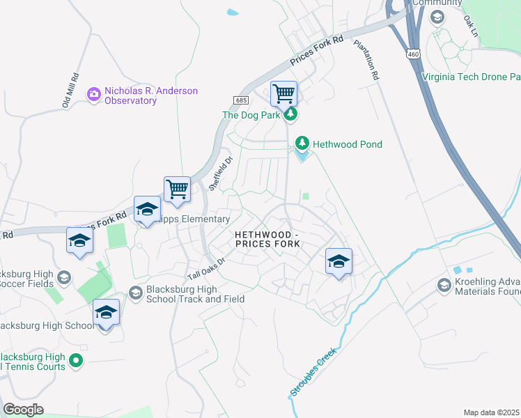 map of restaurants, bars, coffee shops, grocery stores, and more near 2524 Gloucester Drive in Blacksburg