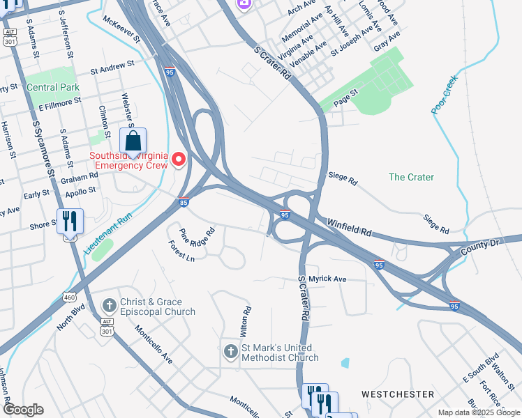 map of restaurants, bars, coffee shops, grocery stores, and more near 534 Montibello Street in Petersburg