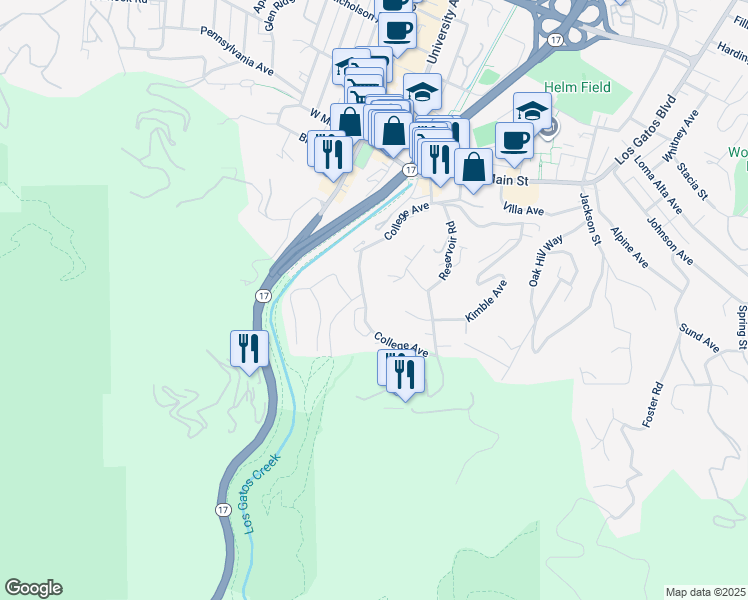 map of restaurants, bars, coffee shops, grocery stores, and more near 157 College Avenue in Los Gatos
