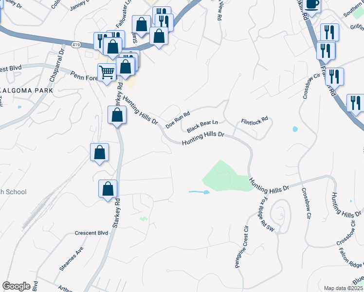 map of restaurants, bars, coffee shops, grocery stores, and more near Hunting Hills Drive in Roanoke