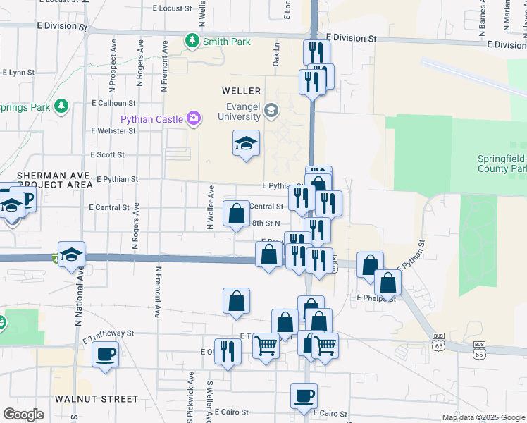 map of restaurants, bars, coffee shops, grocery stores, and more near 1661 East 8th Street North in Springfield