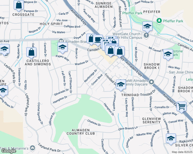 map of restaurants, bars, coffee shops, grocery stores, and more near 6573 Crown Boulevard in San Jose