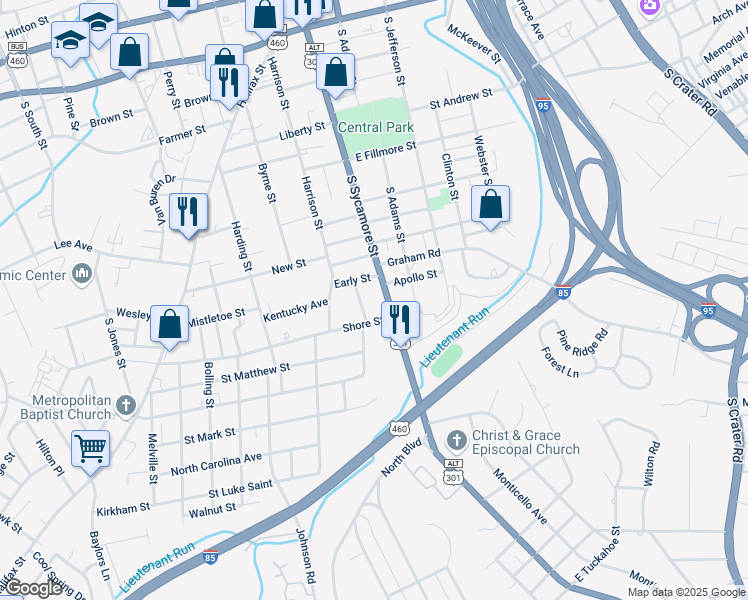 map of restaurants, bars, coffee shops, grocery stores, and more near 23 Shore Street in Petersburg